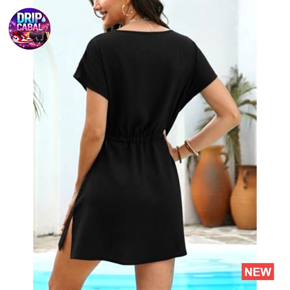 Lace Crochet V Neck Swimsuit Coverup Beach Dress Short Sleeve - Picture 2 of 6